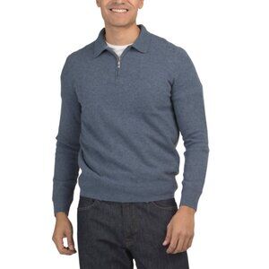 LACHLAN Denim Merino Wool And Cashmere Blend Quarter Zip Polo Sweater